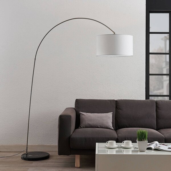 Lindby Belinda ívelt álló lámpa, fehér szövetbúra, Alu / szürke / cink, Nappali / Étkező, Textil / szövet / selyem, Modern