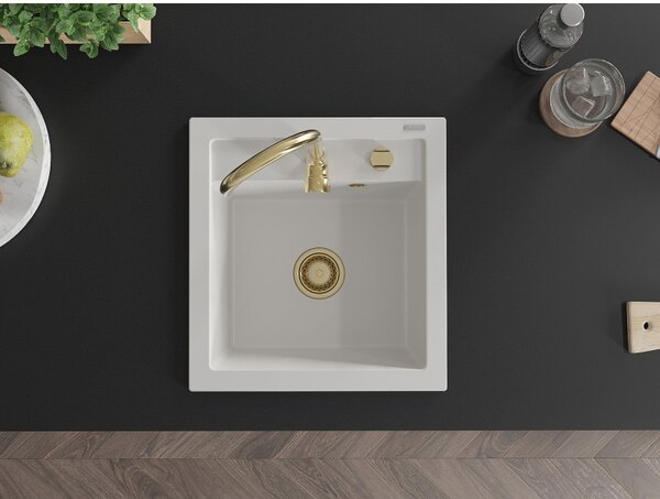 Mexen Vito 1-medencés gránit mosogató 520 x 490 mm, fehér, arany szifon - 6503521000-20-G