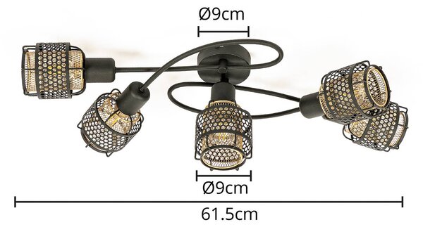 Lindby Eudoria mennyezetlámpa 5 izzós fekete/arany, dimmelhető, Fekete, Nappali / Étkező, fém, Modern