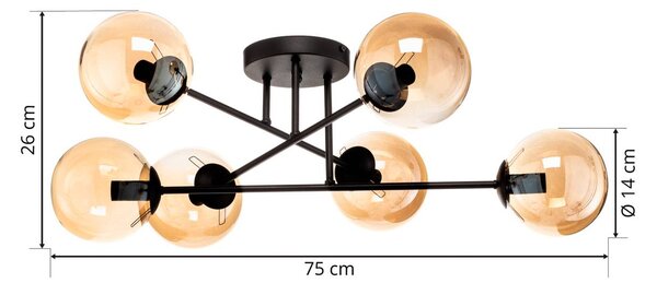 EMIBIG LIGHTING Mennyezeti világítás Glassy, fekete, borostyán, üveg, 6 izzós, E14, dimmelhető, Fekete, Nappali / Étkező, fém, Modern