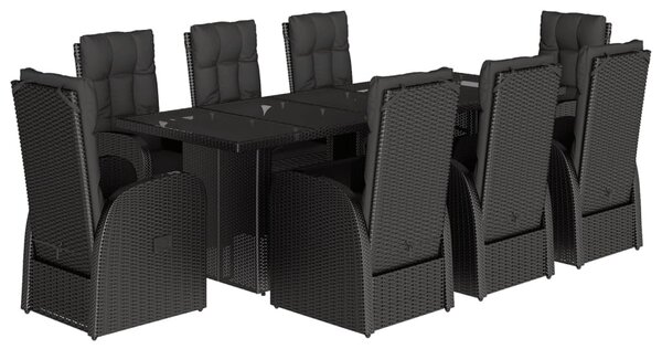 9 részes fekete polyrattan kerti étkezőgarnitúra párnákkal