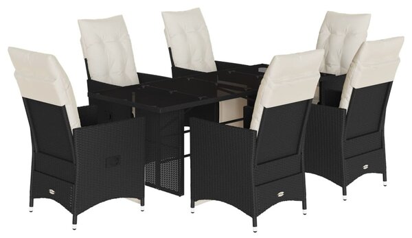 7 részes fekete polyrattan kerti étkezőgarnitúra párnával