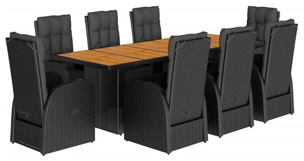 9 részes fekete polyrattan kerti étkezőgarnitúra párnákkal