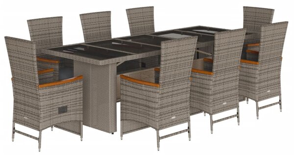 9 részes szürke polyrattan kerti étkezőgarnitúra párnával