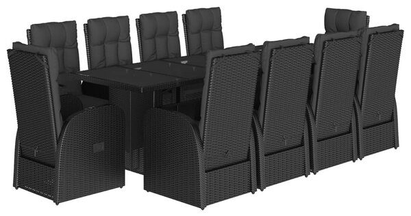 11 részes fekete polyrattan kerti étkezőgarnitúra párnákkal