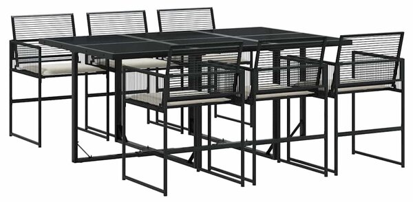7 részes fekete polyrattan kerti étkezőgarnitúra párnával