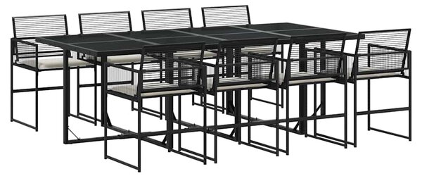 9 részes fekete polyrattan kerti étkezőgarnitúra párnákkal