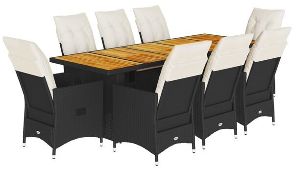 9 részes fekete polyrattan kerti bisztrógarnitúra párnákkal