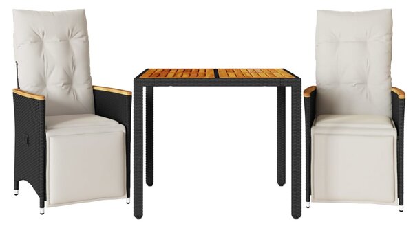 3 részes fekete polyrattan kerti bisztrógarnitúra párnákkal