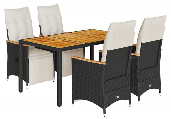 5 részes fekete polyrattan kerti bisztrógarnitúra párnákkal