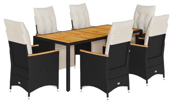 7 részes fekete polyrattan kerti bisztrógarnitúra párnákkal