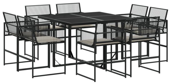 9 részes fekete polyrattan kerti étkezőgarnitúra párnákkal