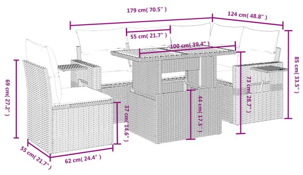 6 részes bézs polyrattan kerti ülőgarnitúra párnával