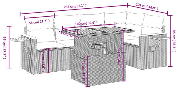 6 részes bézs polyrattan kerti ülőgarnitúra párnával