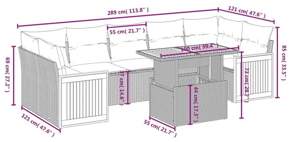 8 részes bézs polyrattan kerti ülőgarnitúra párnával