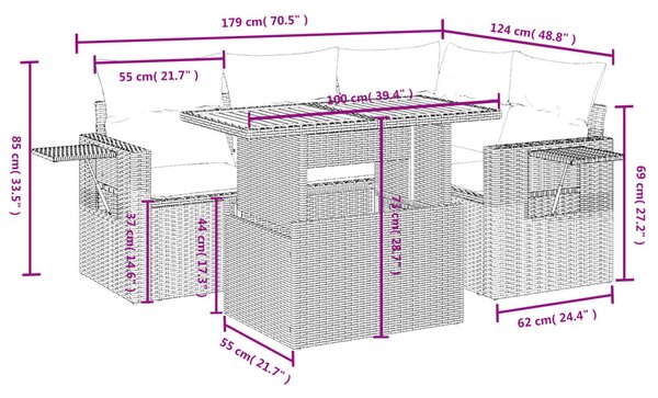 5 részes bézs polyrattan kerti ülőgarnitúra párnákkal