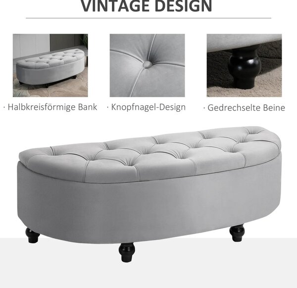 HOMCOM Tárolópad, Kárpitozott pad bársonyhatású bevonattal, tárolósláda falábakkal, 120 x 46 x 42 cm, szürke