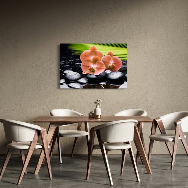 Kép - Narancssárga orchidea pálmalevelekkel (90x60 cm)
