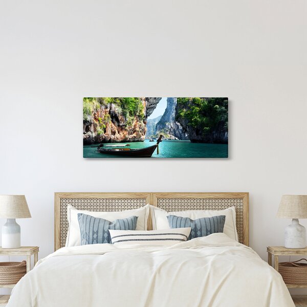 Kép - Víz mediterrán táj csónakkal (120x50 cm)