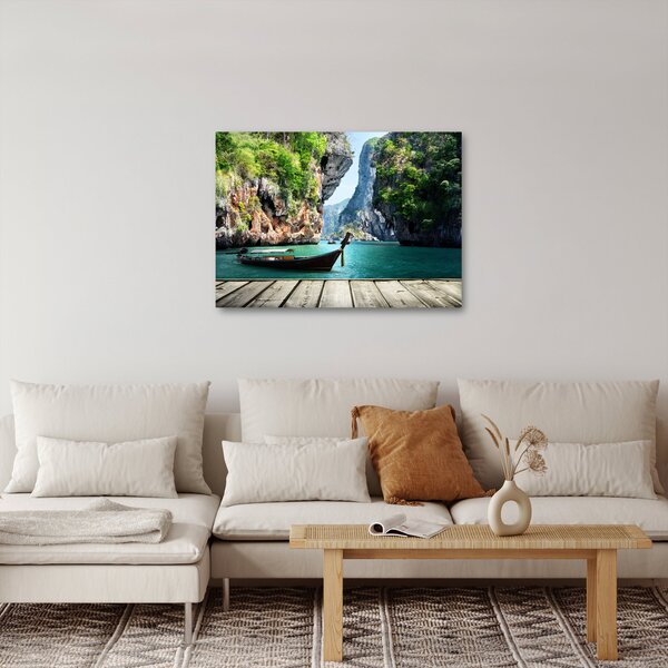 Kép - Víz mediterrán táj csónakkal (70x50 cm)