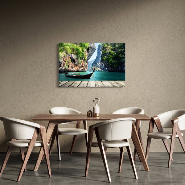 Kép - Víz mediterrán táj csónakkal (90x60 cm)