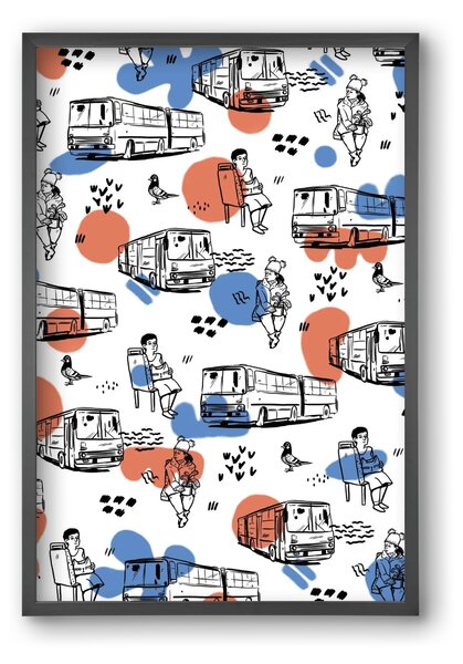 Busz pattern kék-piros - falikép keretben | artbridge
