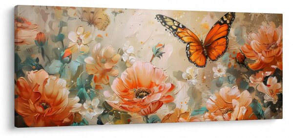 Kép - Pillangó és virágok, olajfestmény (120x50 cm)