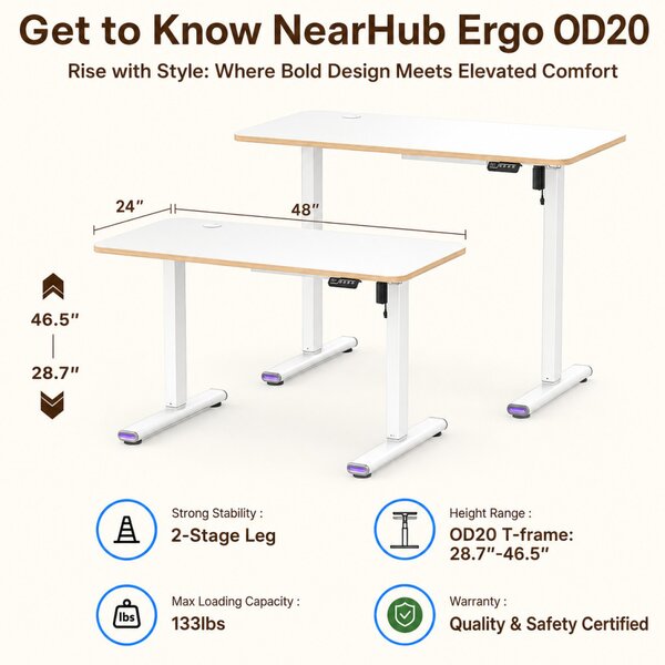 NearHub OD20E-W-120 elektromos állítható magasságú íróasztal – fehér, 120 × 60 cm
