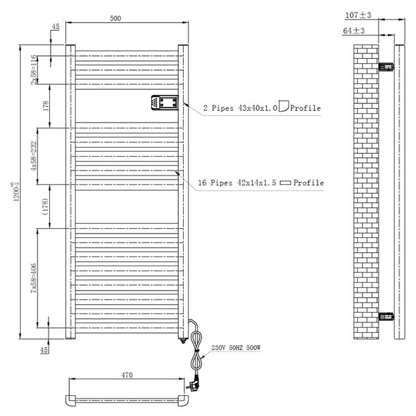Elektromos design radiátor digitális termosztáttal NERO Italia AF-04W - 50 x 120 cm