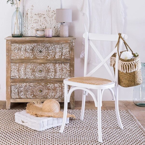 Vintage stílusú étkezőszék, rattan ülőrésszel, fehér - BISTRO