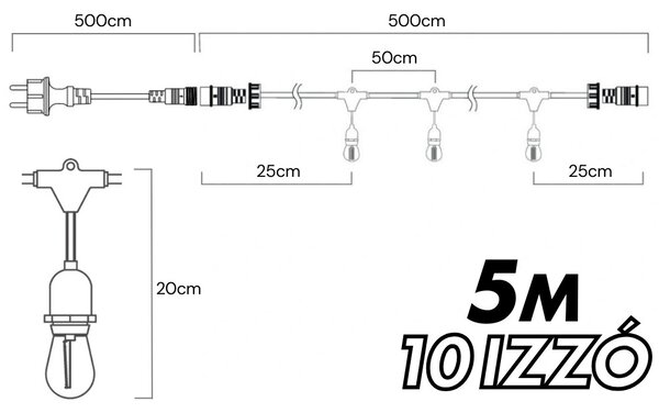 Kültéri fényfüzér kerti égősor girland 5m + 10db színes parti izzó | Sorolható IP44 E27