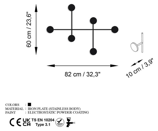 Fali fogas 82cm, fém, fekete - SHAH
