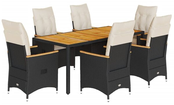 7 részes fekete polyrattan kerti étkezőgarnitúra párnával