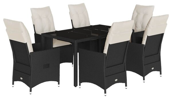 7 részes fekete polyrattan kerti étkezőgarnitúra párnával