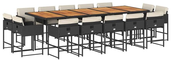 15 részes fekete polyrattan kerti étkezőgarnitúra párnákkal