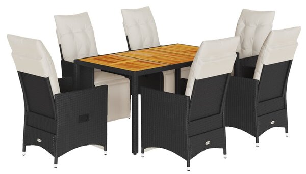 7 részes fekete polyrattan kerti étkezőgarnitúra párnával