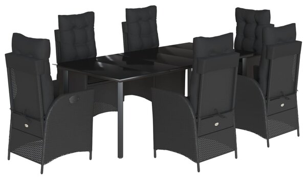 7 részes fekete polyrattan kerti étkezőgarnitúra párnával