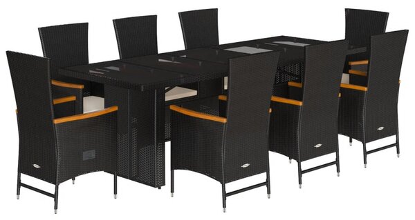 9 részes fekete polyrattan kerti étkezőgarnitúra párnákkal