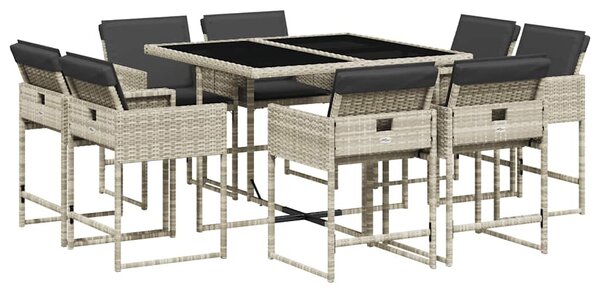 9részes világosszürke polyrattan kerti étkezőgarnitúra párnával