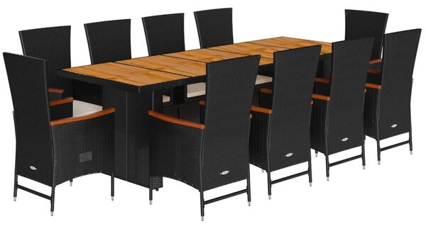 11 részes fekete polyrattan kerti étkezőgarnitúra párnákkal