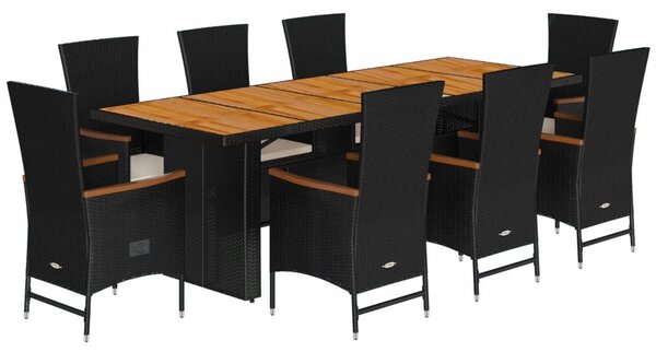9 részes fekete polyrattan kerti étkezőgarnitúra párnákkal