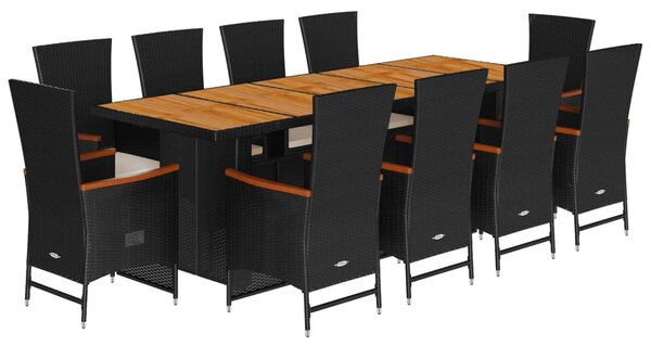 11 részes fekete polyrattan kerti étkezőgarnitúra párnákkal