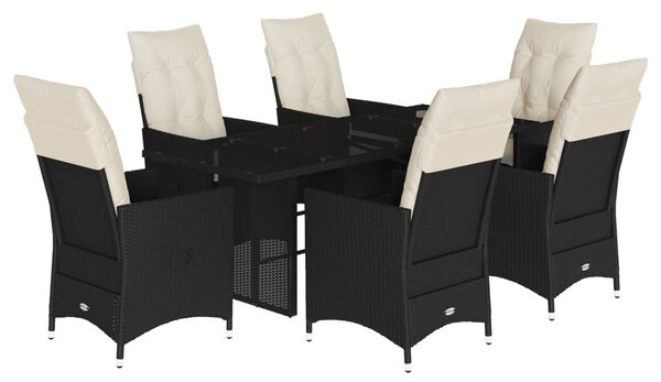7 részes fekete polyrattan kerti étkezőgarnitúra párnával