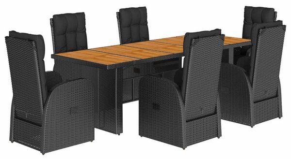 7 részes fekete polyrattan kerti étkezőgarnitúra párnával