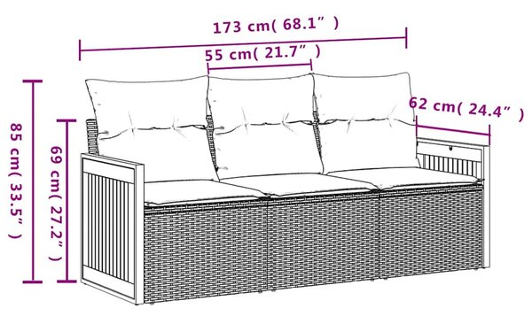 3 részes fekete polyrattan kerti ülőgarnitúra párnával