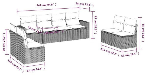 8 részes fekete polyrattan kerti ülőgarnitúra párnákkal