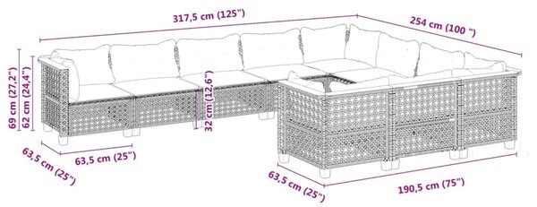 10 részes fekete polyrattan kerti ülőgarnitúra párnákkal