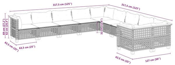 10 részes fekete polyrattan kerti ülőgarnitúra párnákkal