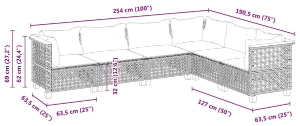 6 részes fekete polyrattan kerti ülőgarnitúra párnákkal