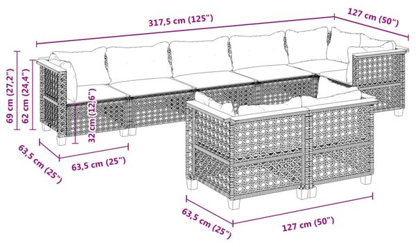 8 részes fekete polyrattan kerti ülőgarnitúra párnákkal